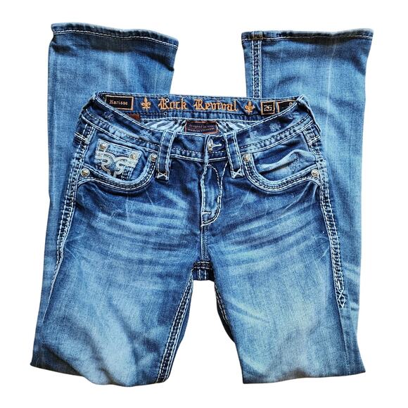 Rock Revival Karisse Jeans Womens Size 25 Blue Mid Rise Bootcut Studded Pockets - Picture 1 of 12